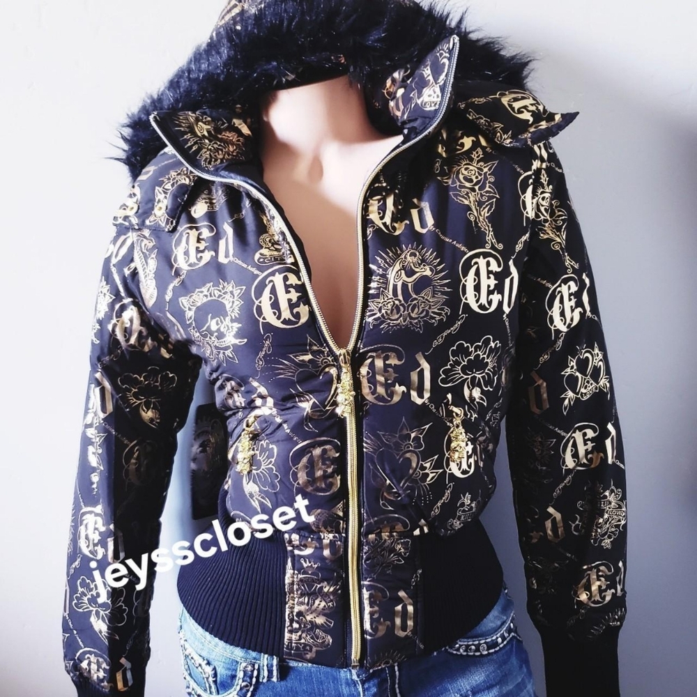 Ed Hardy Faux Fur y2k puffer jacket XL
